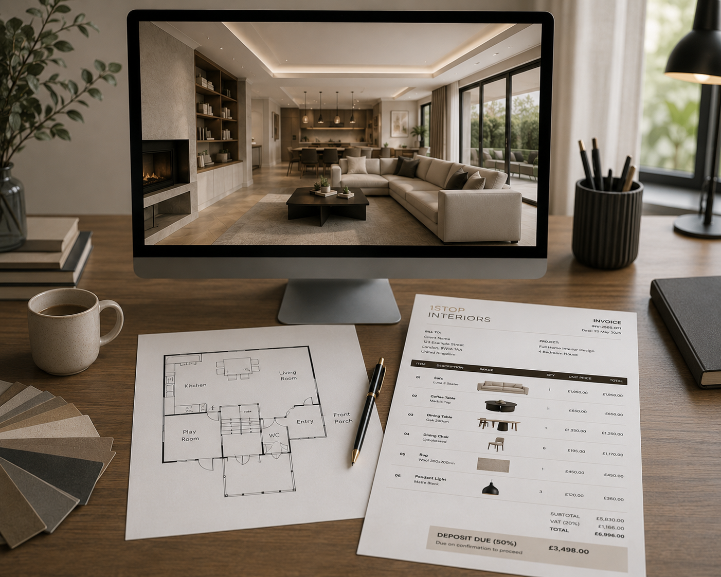 VR render with itemised invoice on desk