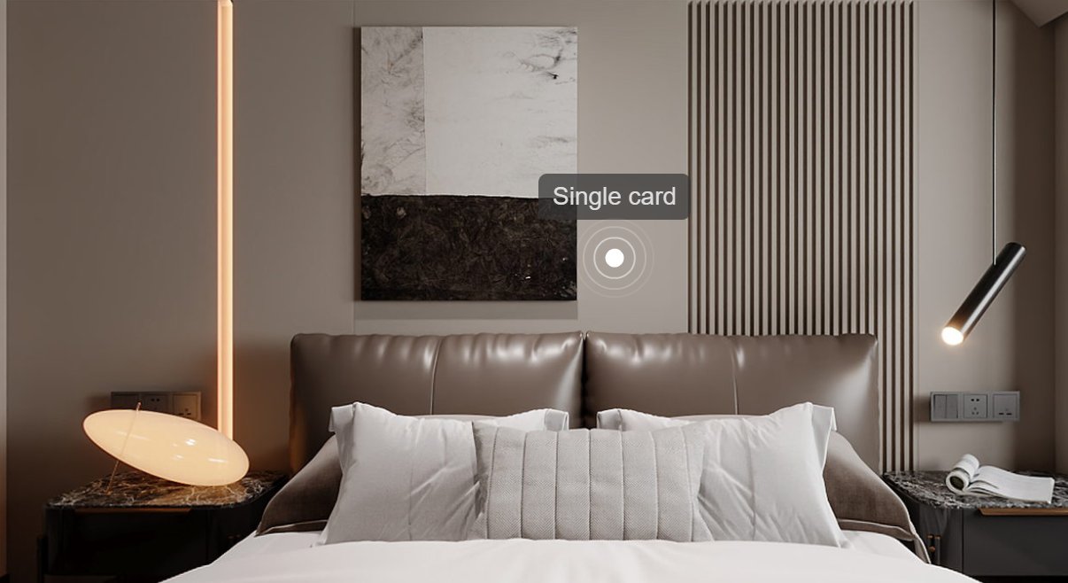 Bedroom feature wall VR render — leather bed, marble artwork panel, slat wall