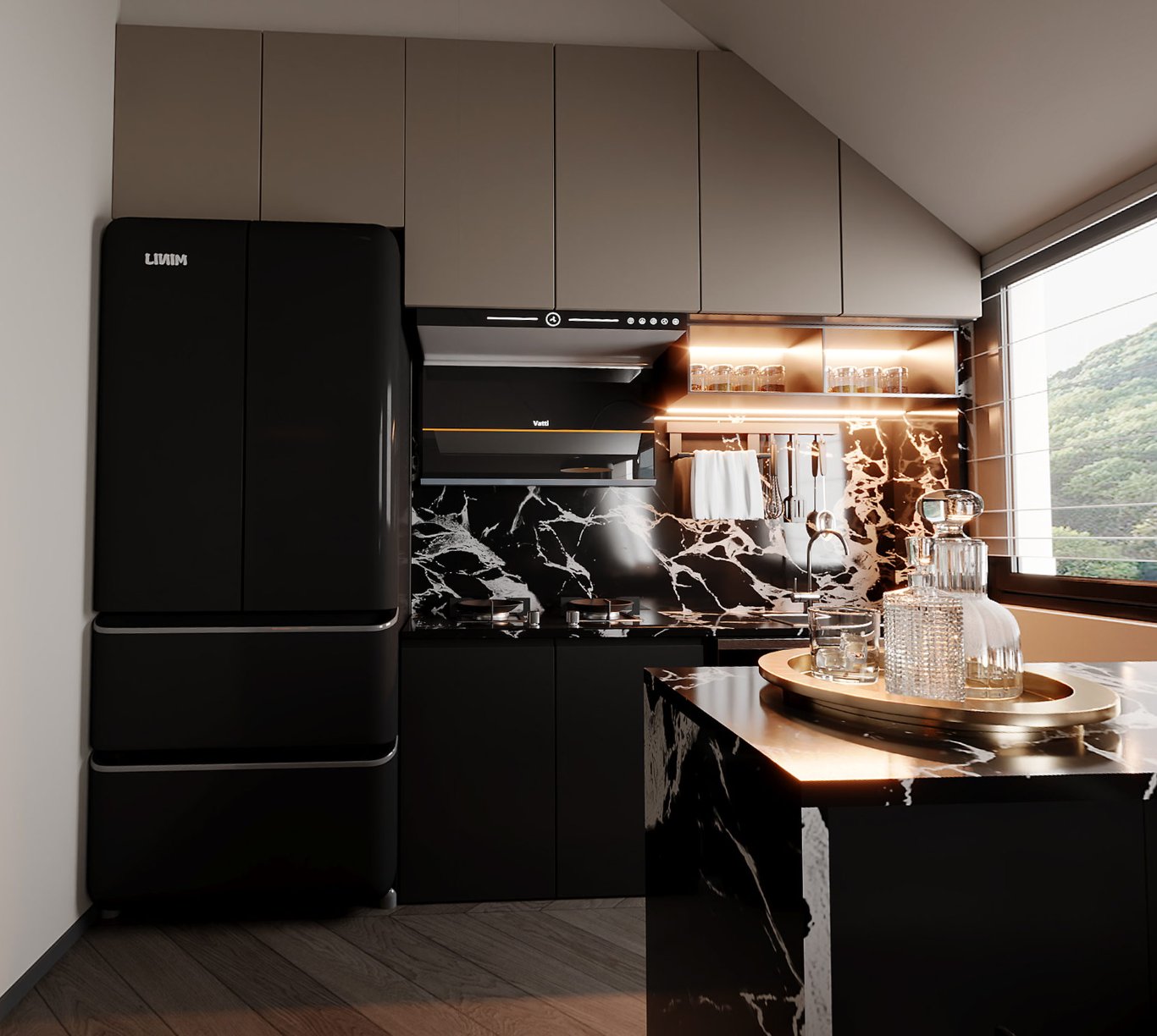Kitchen VR render — black marble worktop, dark cabinetry and herringbone flooring