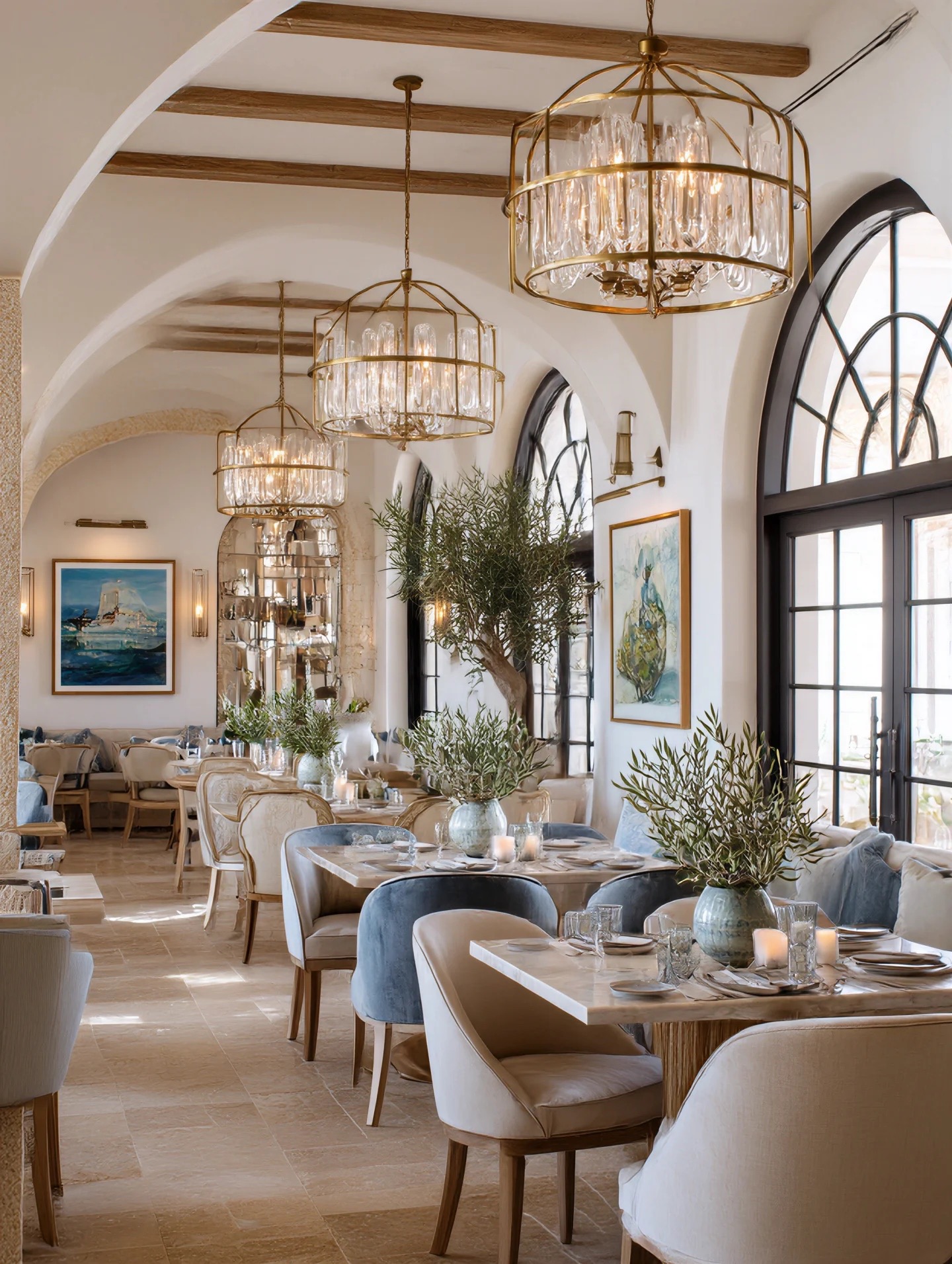 Mediterranean restaurant with white stone arches, brass chandeliers and olive trees