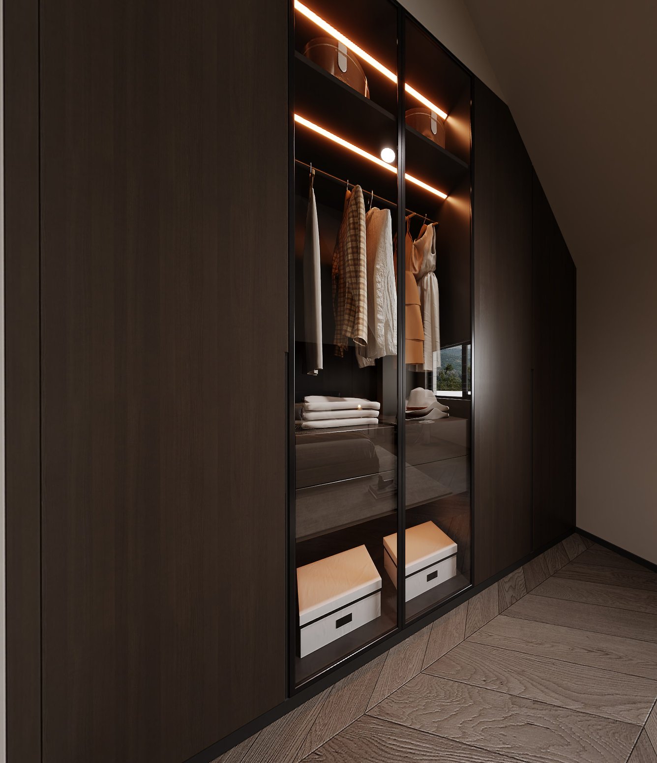 Wardrobe VR render — dark wood with glass doors and interior lighting